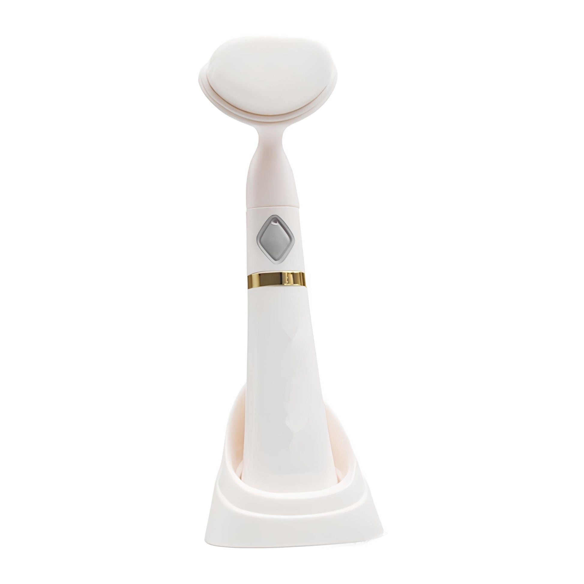 Elegant electric face brush with white and gold components, designed to provide a luxurious cleansing experience. Effortlessly removes dirt and makeup, leaving skin feeling smooth and refreshed. Portable size makes it easy to take on-the-go.