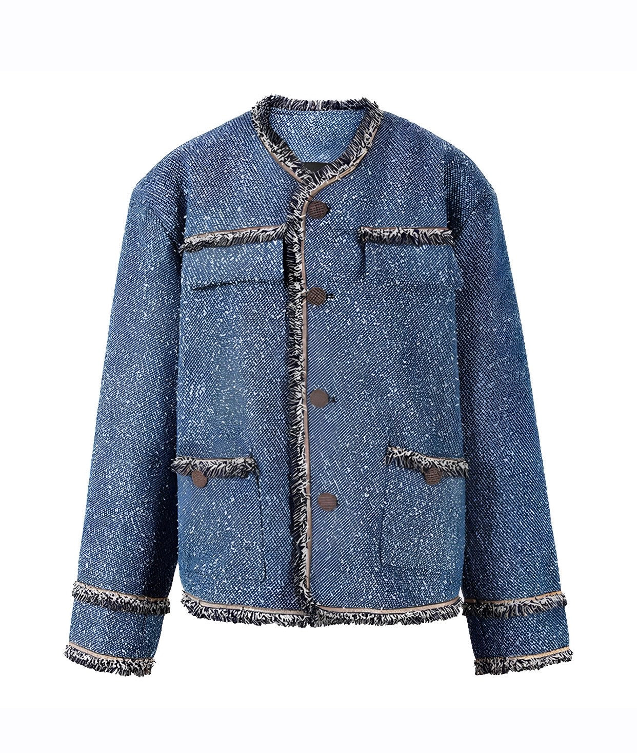 Luxury denim tweed blouse with premium polyester fibre and sophisticated design.