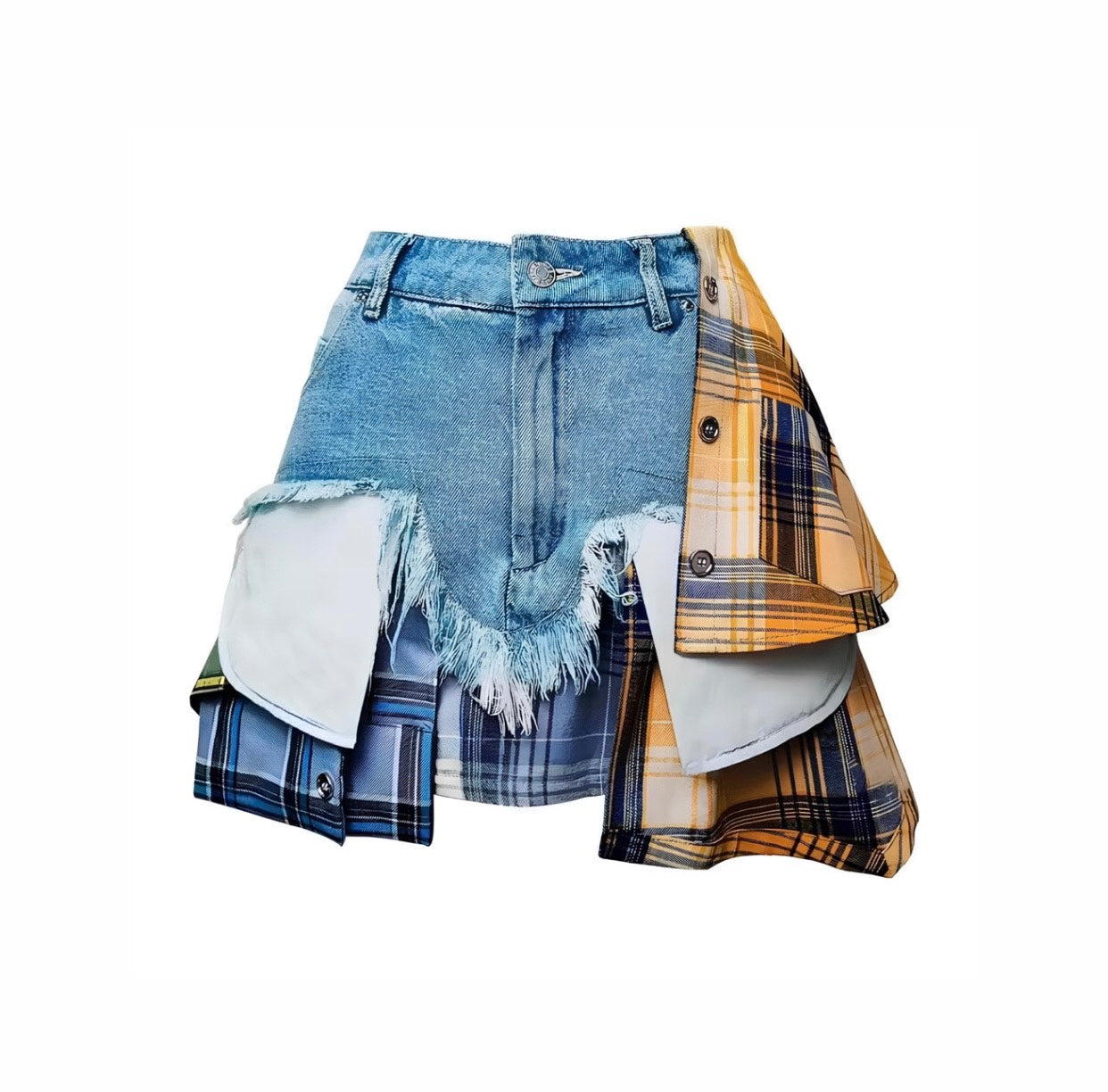 Contrasting plaid and denim skirt with a rebellious charm, perfect for young adults who value self-expression and individuality. Features a classic plaid pattern in bold colours, paired with distressed denim for a unique and eye-catching design. A nostalgic piece that holds memories, ideal for those who dare to be different.