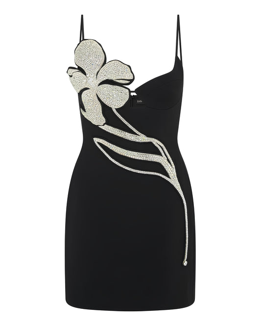 La Reine de la Beauté du Club Dress - A sophisticated black mini dress featuring subtle silver floral straps, perfect for creating an elegant and opulent look for clubbing or special events.