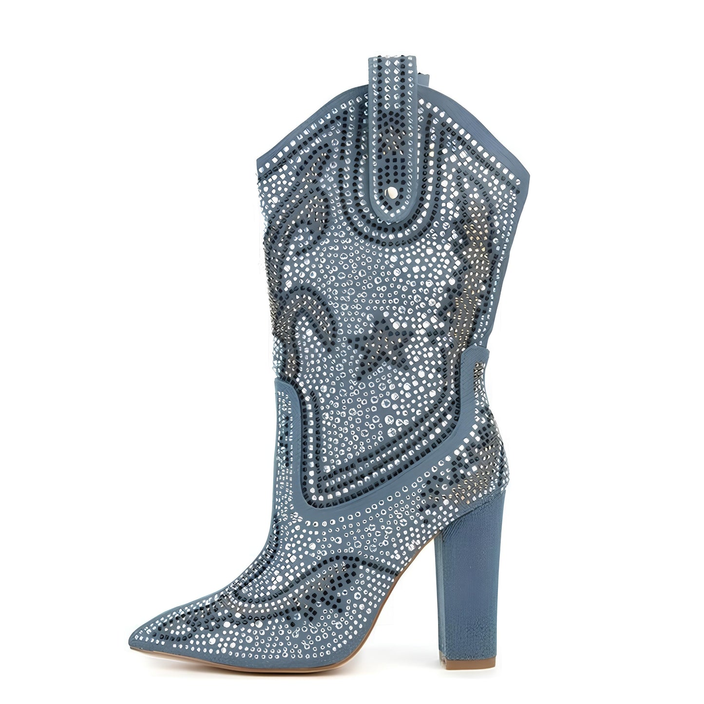 Riviera Denim Boots, stylish and durable, feature a rhinestone-embellished denim leather upper and sturdy high heels. Perfect for those who crave a chic and empowering footwear option with a wild western flair.
