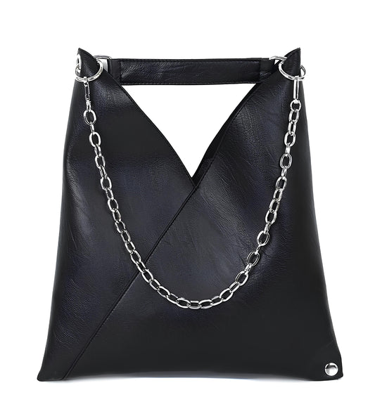 So Noire Metallica Tote Bag - Premium black leather tote featuring a minimalistic silver metal chain handle, ideal for elevating your everyday style and adding a touch of sleek sophistication to your errands.