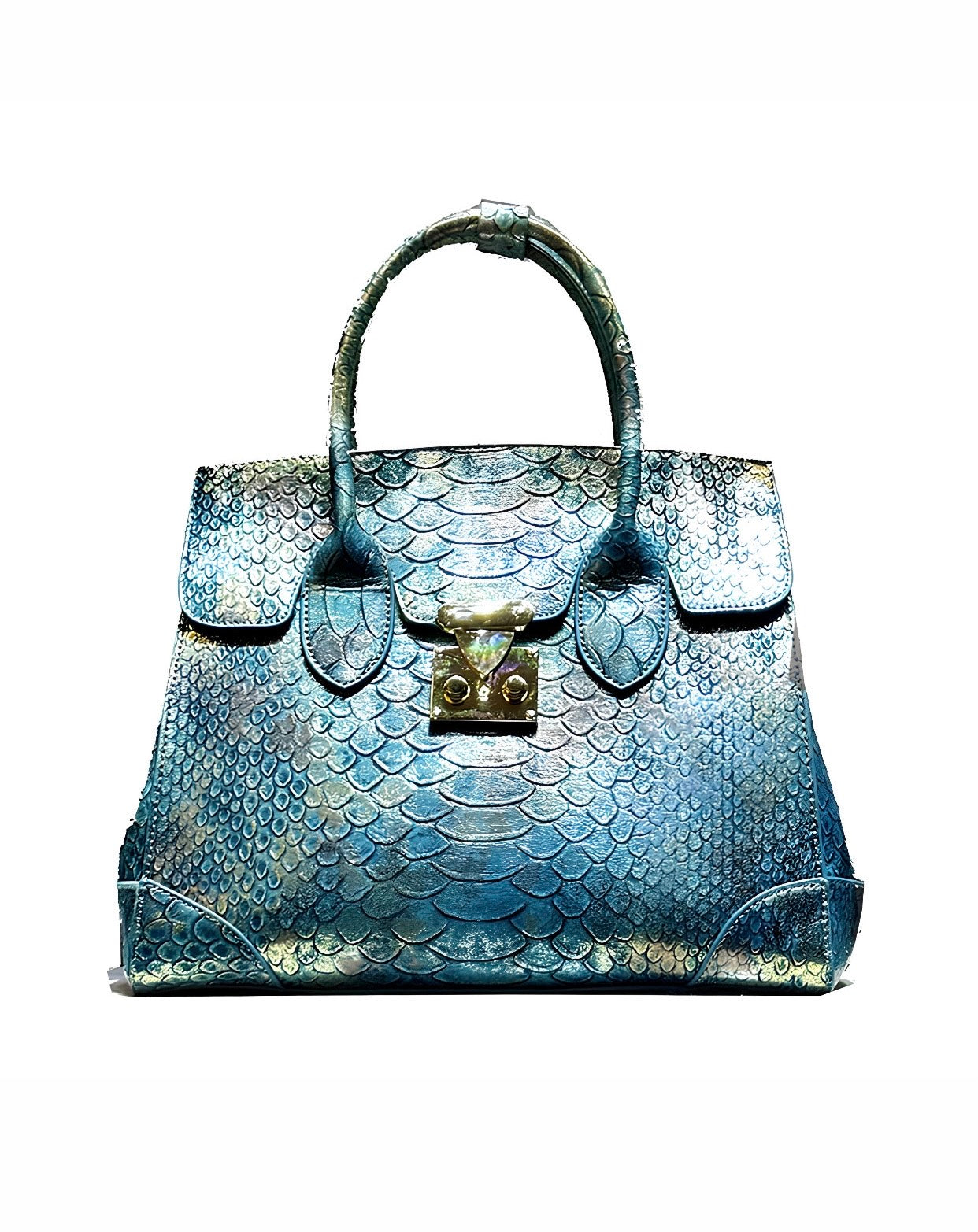 The Aqua Marine Borsetta: A luxury snake skin replica textured handbag with contrasting blue accents.
